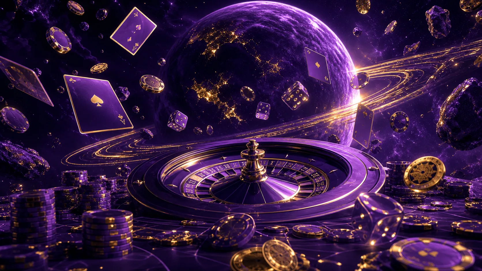 Luxurious casino-themed hero banner with poker chips, playing cards, and roulette wheel, styled with Astropay's unique theme.